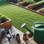 a tidy, well-kept garden with freshly trimmed grass, neatly organized plant beds, and a garden tool or watering can