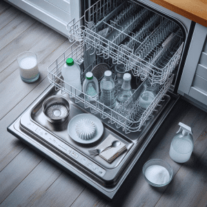 A clean, open dishwasher with racks pulled out to reveal the interior, with a small container of white vinegar and baking soda nearby to hint at the natural cleaning approach.