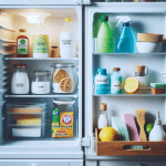 An image of a well-organized, clean fridge with a small cleaning kit