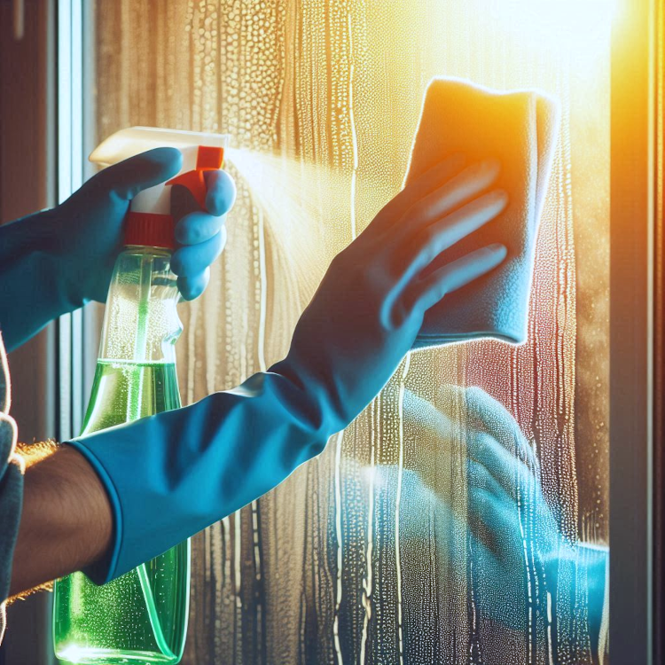 A bright image of someone cleaning a window with a spray bottle and cloth, focusing on the glass’s reflection