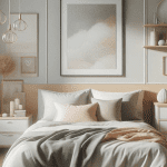 A serene and tidy bedroom – Showcasing a well-made bed, organized furniture, and soft, neutral colours that create a calming atmosphere.