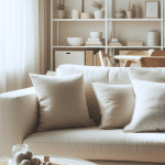 A tidy, well-organized living room with soft natural lighting. The space has a comfortable sofa with neatly arranged cushions, a clean coffee table