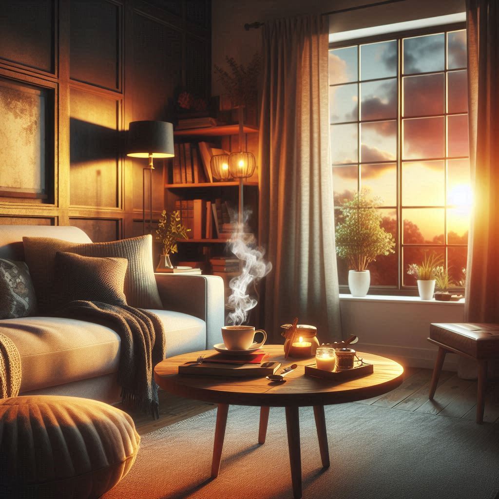 A peaceful home environment with warm lighting