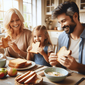 A family enjoying slices of bread