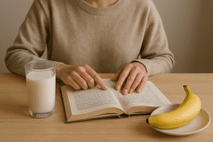 Morning routine with reading, milk, and banana for energy and focus